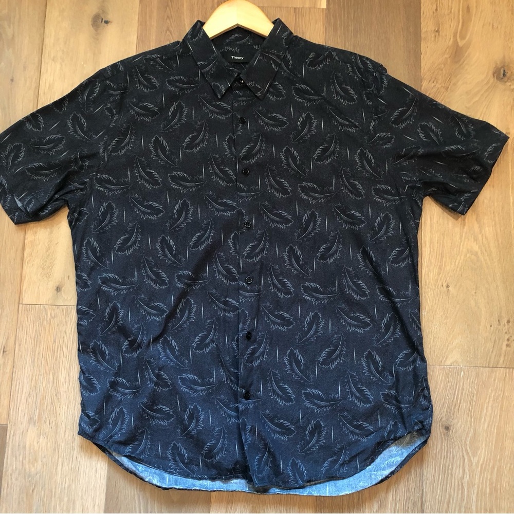 Men’s XL Theory Black/Light Gray Print Short Sleeve Button Down Shirt EUC